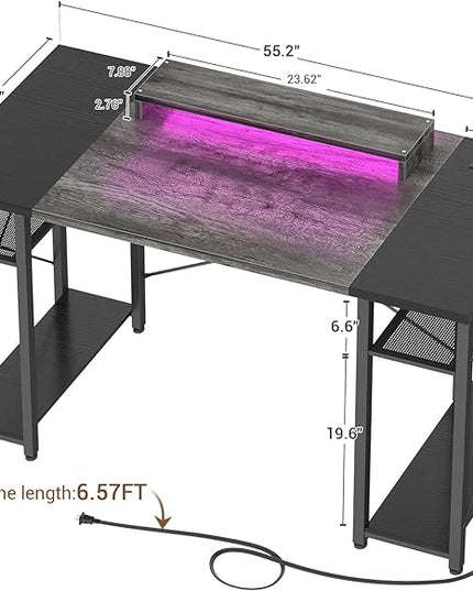 armocity Computer Desk with LED Lights, 55 Inch Desk with Power Outlet and USB, Reversible Large Desk with Moveable Monitor Stand, 55.2'' Gaming PC Table for Home Office, Workstation, Grey and Black - LeafyLoom