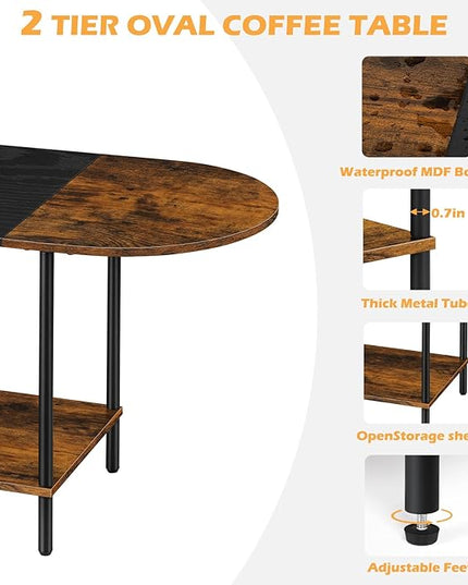 ETELI Small Round Coffee Tables for Small Space Farmhouse Oval Coffee Table with 2-Tier Storage Shelf Circle Center Tea Table for Living - LeafyLoom