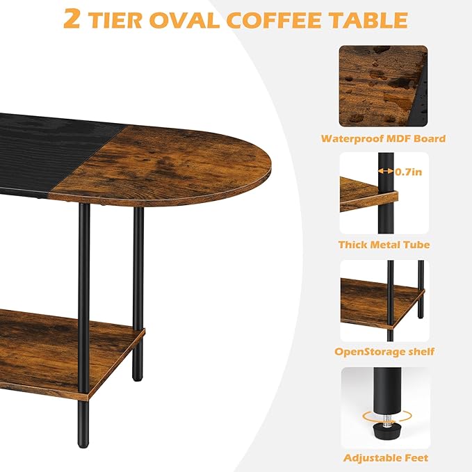 ETELI Small Round Coffee Tables for Small Space Farmhouse Oval Coffee Table with 2-Tier Storage Shelf Circle Center Tea Table for Living - LeafyLoom
