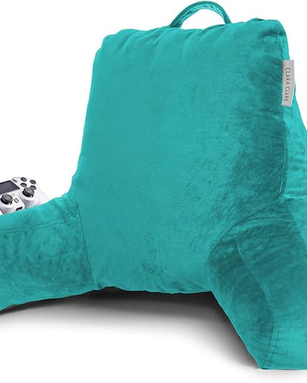 Clara Clark Reading Pillow, Standard Back Pillow for Sitting Up in Bed, Memory Foam Back Support Pillow, Reading Pillows for Sitting in Bed, Teal Sit Up Pillow for Bed Chair Arm Pillow with Pockets - LeafyLoom