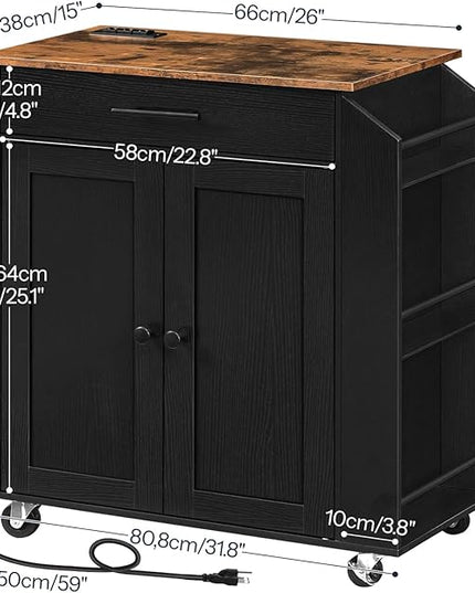 HOOBRO Kitchen Island with Power Outlet, Kitchen Storage Island with Spice Rack and Drawer, Rolling Kitchen Cart on Wheels, for Home, Kitchen and Dining Room, Rustic Brown and Black BF82UZD01G1 - LeafyLoom