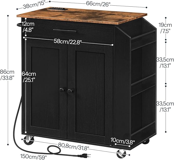 HOOBRO Kitchen Island with Power Outlet, Kitchen Storage Island with Spice Rack and Drawer, Rolling Kitchen Cart on Wheels, for Home, Kitchen and Dining Room, Rustic Brown and Black BF82UZD01G1 - LeafyLoom