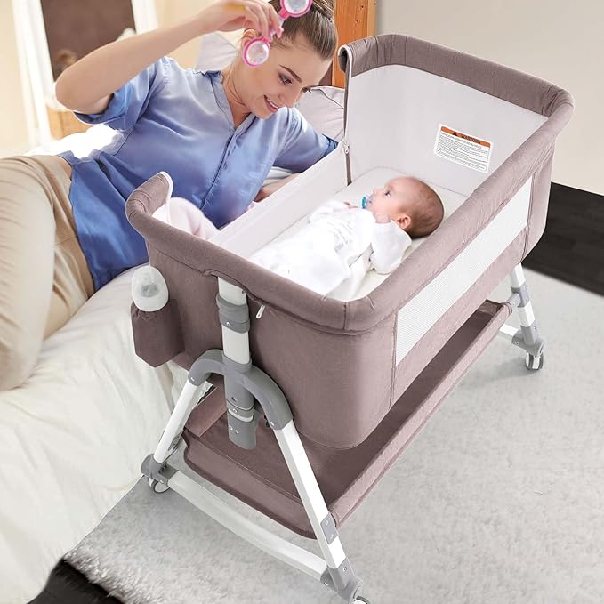 4 in 1 Baby Bassinet, Rocking Bassinets Bedside Sleeper with Comfy Mattress and Wheels, Height Adjustable Easy Folding Portable Bedside Crib for Newborn Infant,Khaki - LeafyLoom