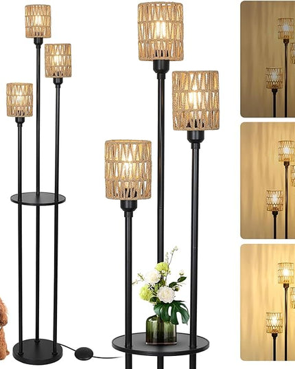 Dimmable Boho Floor Lamps for Living Room, 3-Lights Farmhouse Floor Lamp with 3-Way Foot Switch, Rattan Floor Lamp with Shelves, Rustic Standing Lamp with Rattan Shades, Tall Lamps for Bedroom - LeafyLoom