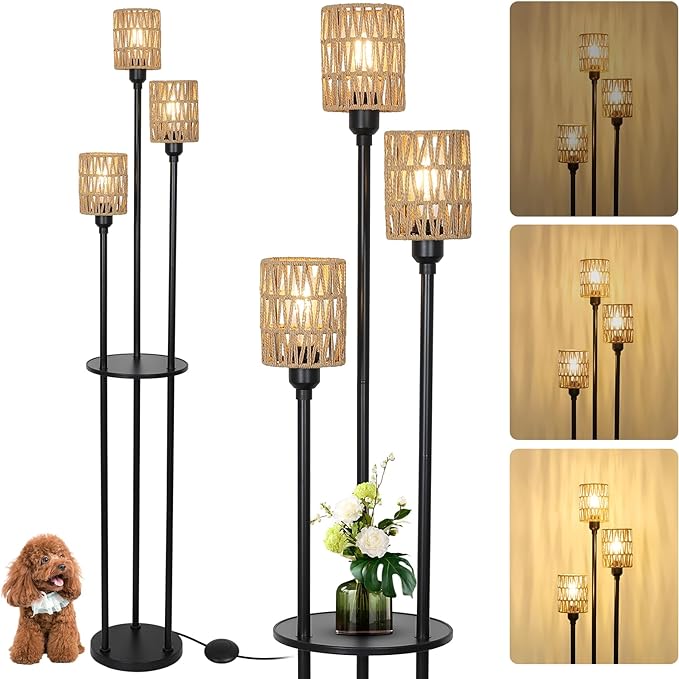 Dimmable Boho Floor Lamps for Living Room, 3-Lights Farmhouse Floor Lamp with 3-Way Foot Switch, Rattan Floor Lamp with Shelves, Rustic Standing Lamp with Rattan Shades, Tall Lamps for Bedroom - LeafyLoom