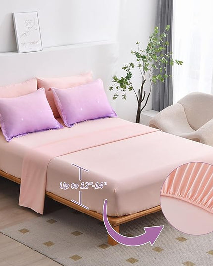 Dinjoy Girls Comforter Set King Size Colorful Rainbow Ombre Pink Blue Bedding Set Gradient 6 Pieces Bed in A Bag for Kids Teen Girl Women(1 Comforter, 1 Flat Sheet, 1 Fitted Sheet) - LeafyLoom