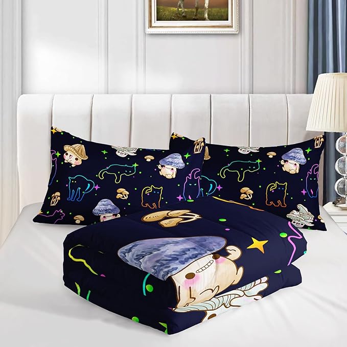 Mushroom Kawaii Cat Comforter Set Full Size Kids Mushroom Bedding Set Star Theme Quilt Bed Set for Boys Girls Adults with 1 Comforter and 2 Pillowcases - LeafyLoom