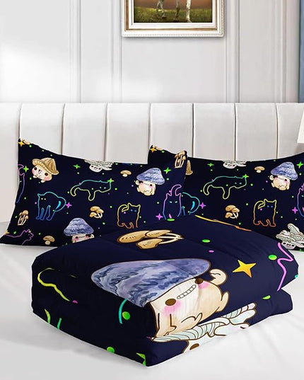 Mushroom Kawaii Cat Comforter Set Queen Size Kids Mushroom Bedding Set Star Theme Quilt Bed Set for Boys Girls Adults with 1 Comforter and 2 Pillowcases - LeafyLoom