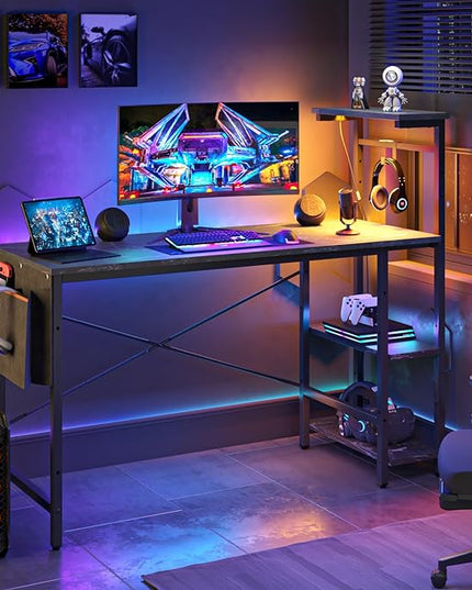 Bestier Gaming Desk with LED Lights, Computer Desk with 4 Tiers Reversible Shelves, 51.3 Inch Gamer Desk with Side Storage Bag, Hooks and Height Adjustable Shelf (Black Marble) - LeafyLoom