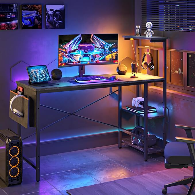 Bestier Gaming Desk with LED Lights, Computer Desk with 4 Tiers Reversible Shelves, 51.3 Inch Gamer Desk with Side Storage Bag, Hooks and Height Adjustable Shelf (Black Marble) - LeafyLoom