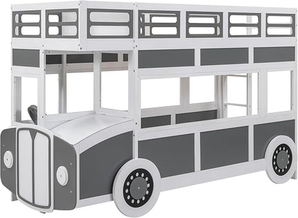 Twin over Twin Bus-shaped Bunk Bed with Wheels,Kids Car-Shaped Bedframe W/Storage,Space Saving,No Box Spring Needed,Wood Toy Bedroom Furniture for Boys Toddlers Teens Child,Gray+White - LeafyLoom