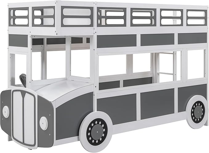 Twin over Twin Bus-shaped Bunk Bed with Wheels,Kids Car-Shaped Bedframe W/Storage,Space Saving,No Box Spring Needed,Wood Toy Bedroom Furniture for Boys Toddlers Teens Child,Gray+White - LeafyLoom