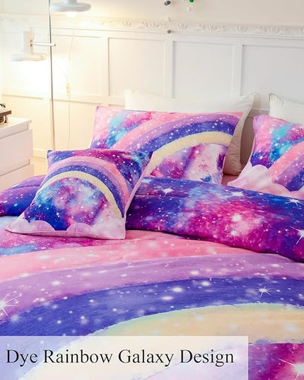 6 Pcs Tie Dye Pink Twin Comforter Set for Girls, 3D Rainbow Galaxy Gradient Themed Bed in A Bag, Pastle Nebula Kids Bedding Set with Sheets, Comforter and Pillowcases for All Season - LeafyLoom