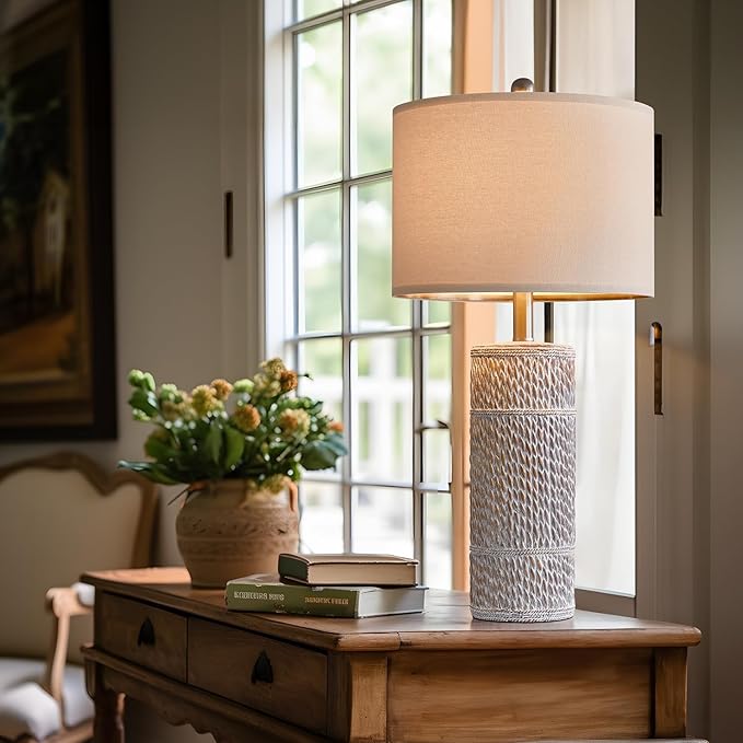 OYEARS 25.5 "Retro Farmhouse Table Lamps Set of 2 Woven Pattern Resin Bedside Lamps Classic Country Washed White Lamp for Bedroom Living Room Home Office - LeafyLoom