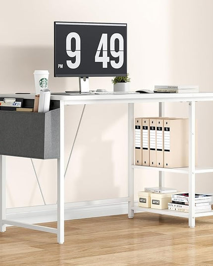 Computer Desk, 47.2” Home Office Desks, Modern Small Desk for Bedroom, Gaming Desk with Iron Hook and Height Adjustable Feet, Sturdy Student Writing Desk with Storage Bag, Storage Shelves - LeafyLoom