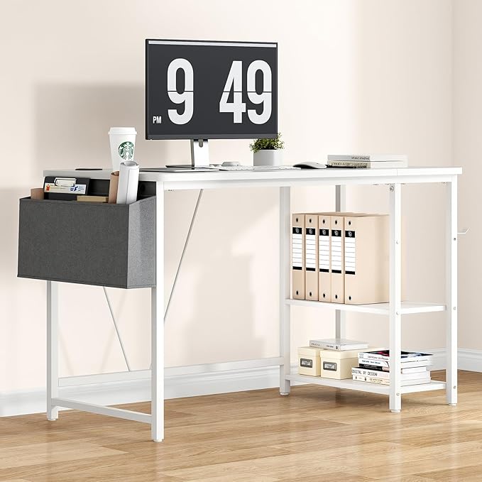 Computer Desk, 47.2” Home Office Desks, Modern Small Desk for Bedroom, Gaming Desk with Iron Hook and Height Adjustable Feet, Sturdy Student Writing Desk with Storage Bag, Storage Shelves - LeafyLoom
