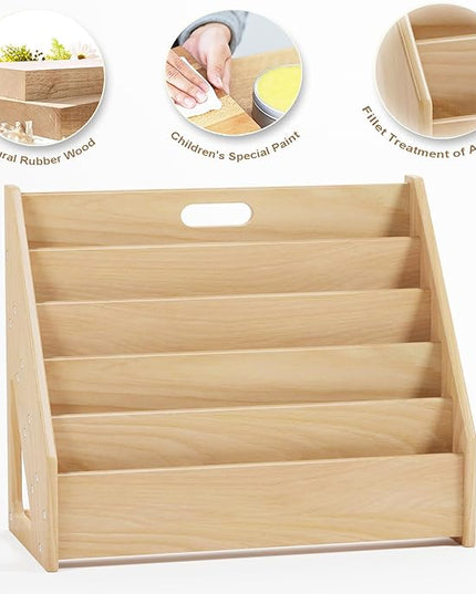 Front-Facing Montessori Bookshelf,5 Tier Book Display Shelf for Toddler,Kids Storage Magazine Rack,Solid Wood Bookcase Organizer,Perfect for Playroom,Bedroom,Study Living Room,Nursery,Classroom - LeafyLoom