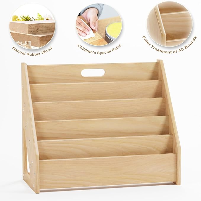 Front-Facing Montessori Bookshelf,5 Tier Book Display Shelf for Toddler,Kids Storage Magazine Rack,Solid Wood Bookcase Organizer,Perfect for Playroom,Bedroom,Study Living Room,Nursery,Classroom - LeafyLoom