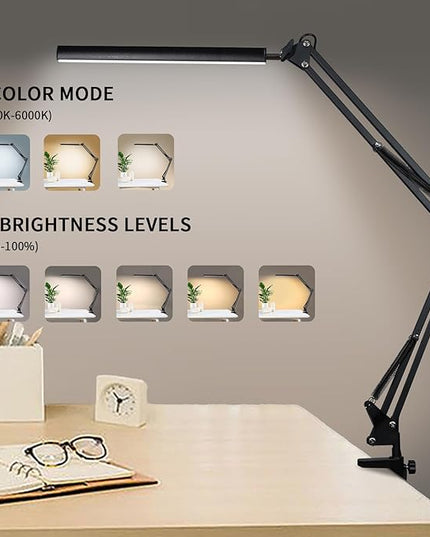 Adjustable Swing Arm Desk Lamp with Clamp, LED Desk Lamp,Dimmable Desk Light, 3 Colors 10 Brightness Adjustable Flexible Gooseneck, Architect Task Lamp for Home Office - LeafyLoom