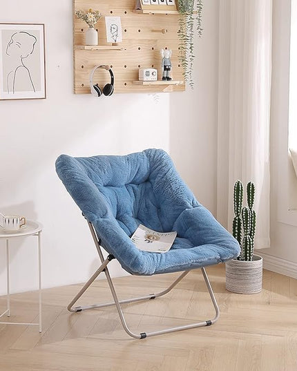 Tiita Comfy Saucer Chair, Soft Faux Fur Oversized Folding Accent Chair, Lounge Lazy Chair for Kids Teens Adults, Metal Frame Moon Chair for Bedroom, Living Room, Dorm Rooms, X-Large, Blue - LeafyLoom