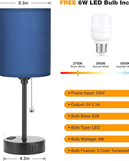 Blue Table Lamps 3 Color Temperatures - 2700K 3500K 5000K Bedside Lamps with USB C and A Ports, Pull Chain Lamps for Bedrooms with AC Outlet, Nightstand Lamps with Black Metal Base for Kids Boys - LeafyLoom