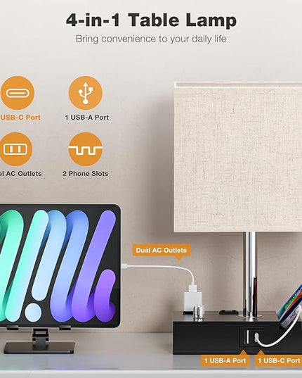 Bedside Lamps for Bedroom Set of 2, Kakanuo Fully Dimmable Small Beige Nightstand Lamps with USB C Ports and 2 Charging Outlets, Wooden Table Lamp with Phone Stands for Living Room, LED Bulbs Included - LeafyLoom