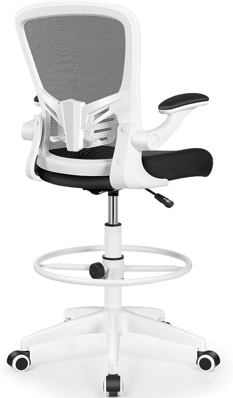MINLOVE Ergonomic Drafting Office Chair, Tall Office Chair with Flip-up Armrests Executive Ergonomic Computer Standing Desk Chair with Lumbar Support and Adjustable Footrest(White) - LeafyLoom