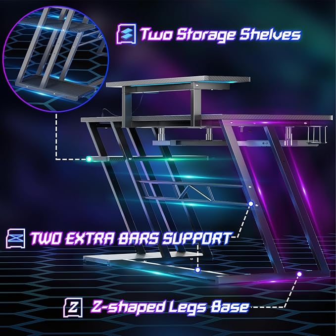 Gaming Desk with Shelves and Outlets, L Shaped Gaming Desk with LED Lights, Reversible L Shaped Computer Desk for Gamer, Carbon Fiber Black, 47" - LeafyLoom