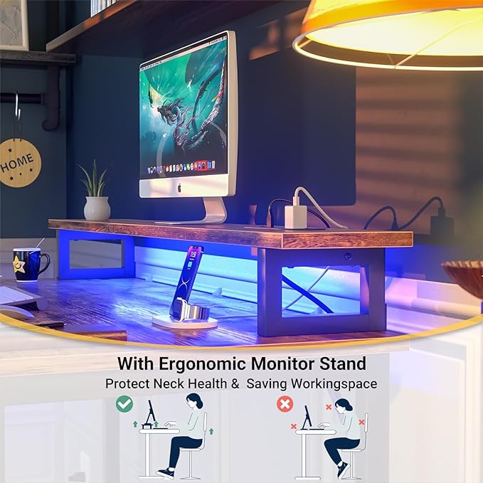 Computer Desk with USB Power Outlets and LED Lights, 47 inch Gaming desk with Monitor Stand for Small Space Home Office, Modern Simple Study Writing Table PC Desks, Rustic Brown - LeafyLoom