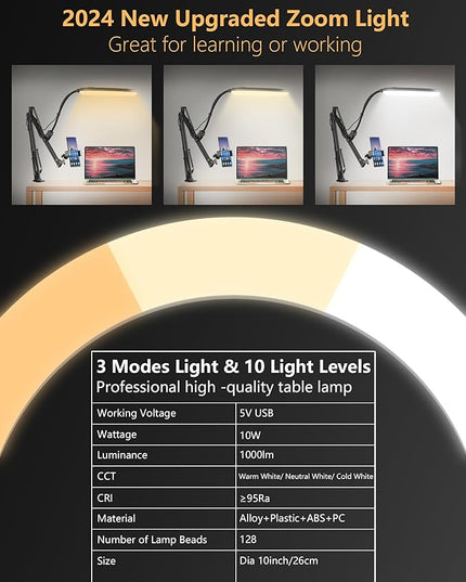 Zoom Lighting for Computer Video Conference, 10 Inch Ring Light with Stand for Video Recording, Working, Learning, Zoom Call, Webcam Laptop Light with Phone Holder for Podcast Live Streaming - LeafyLoom