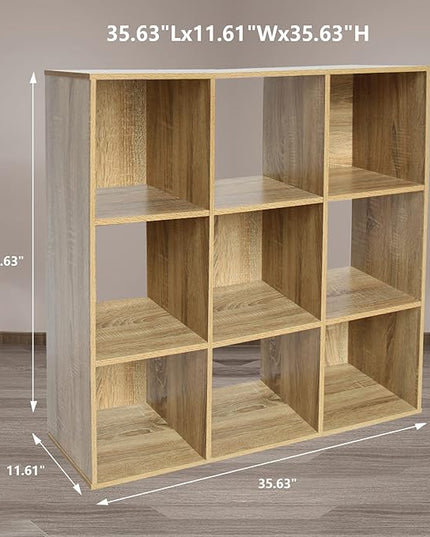 PACHIRA US 9 Cube Storage Bookcase, Unit Shelf, Wooden Closet Cabinet, Bookshelf File Organizer Rack in Living Room, Bedroom, Study, each cube 28.5 cm,Oak - LeafyLoom