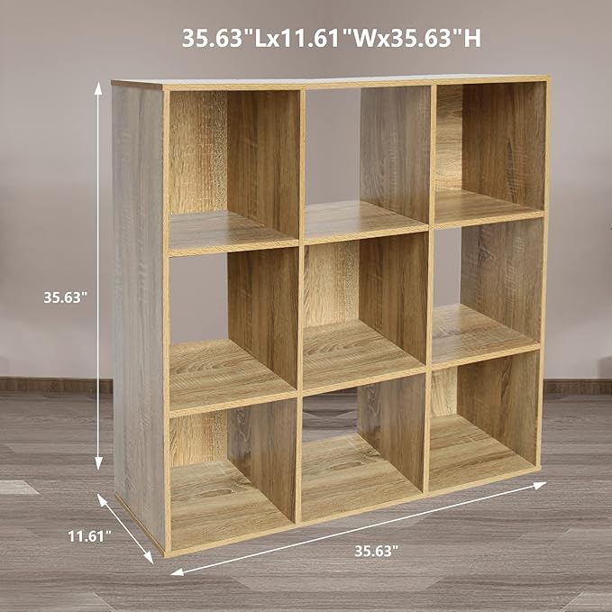 PACHIRA US 9 Cube Storage Bookcase, Unit Shelf, Wooden Closet Cabinet, Bookshelf File Organizer Rack in Living Room, Bedroom, Study, each cube 28.5 cm,Oak - LeafyLoom