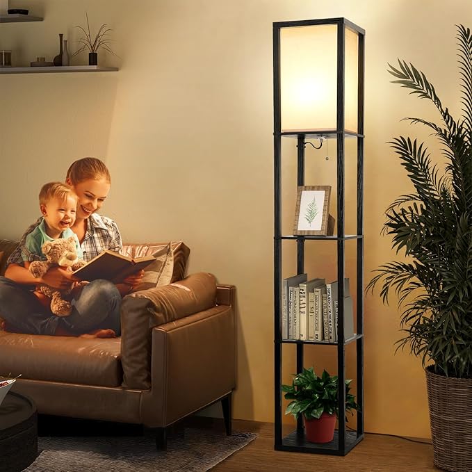 Shelf Floor Lamp, Shelves Floor Lamp for Living Room Bedroom, 4-Tier Modern Shelf Floor Lamp with 3CCT LED Blub(Black) - LeafyLoom