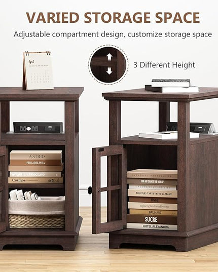 HIFYOBRO Narrow End Table with Flip Top Charging Station and Storage Cabinet, Type-C & USB port & Power outlets, Adjustable Shelf, Narrow Side Table with Storage for Living Room and Bedroom - LeafyLoom