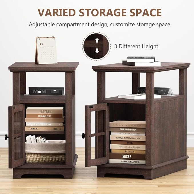 HIFYOBRO Narrow End Table with Flip Top Charging Station and Storage Cabinet, Type-C & USB port & Power outlets, Adjustable Shelf, Narrow Side Table with Storage for Living Room and Bedroom - LeafyLoom