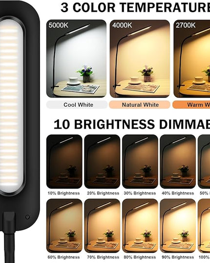 LED Desk lamps with Clamp for Home Office,High Brightness,3 Color Temperatures and Dimmable Clip On Desk Light,Flexible Gooseneck Desk Lamp with USB Adapter,Black - LeafyLoom