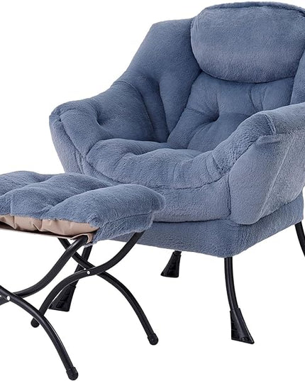 Welnow Lazy Chair with Ottoman, Modern Lounge Accent Chair with Armrests and a Side Pocket, Leisure Upholstered Sofa Chair Set, Reading Chair with Footrest for Small Space, Plush Light Blue - LeafyLoom