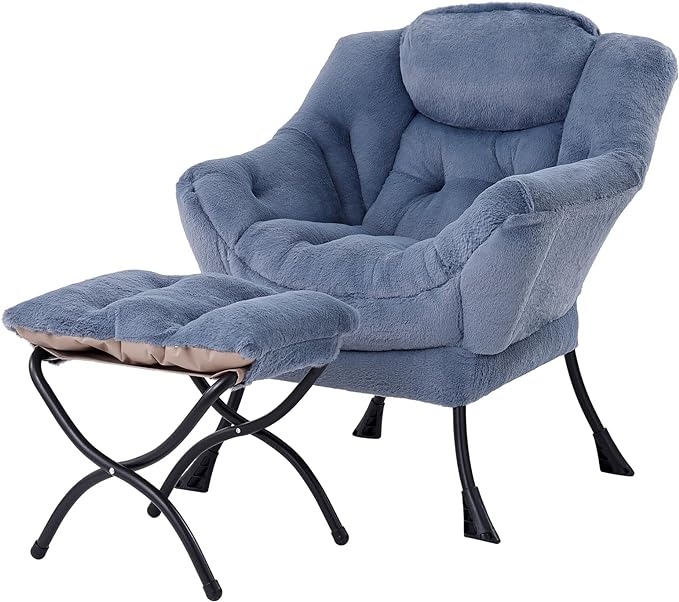 Welnow Lazy Chair with Ottoman, Modern Lounge Accent Chair with Armrests and a Side Pocket, Leisure Upholstered Sofa Chair Set, Reading Chair with Footrest for Small Space, Plush Light Blue - LeafyLoom