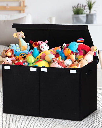 122L Large Toy Box Chest with Lid, Foldable Toy Storage Organizer Bin Boxes with Removable Divider for Kids, Boys, Girls, Nursery, Playroom, 26"x17" x17"(Linen Black) - LeafyLoom