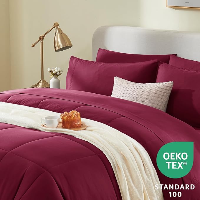 CozyLux Queen Size Comforter Set - 7 Pieces Bed in a Bag Set Burgundy, Bedding Sets Queen with All Season Quilted Comforter, Flat Sheet, Fitted Sheet, Pillowcases, Red, Queen - LeafyLoom