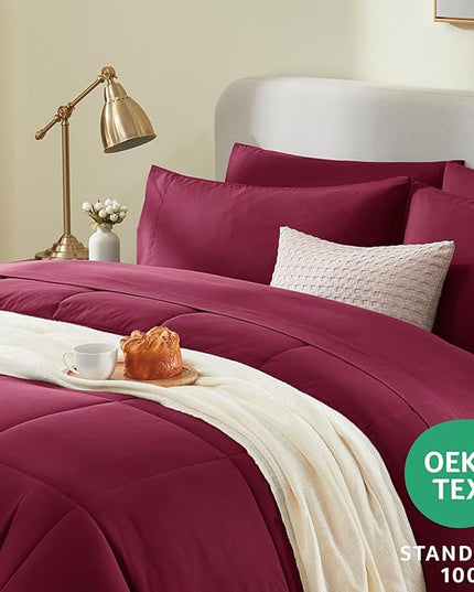 CozyLux King Size Comforter Set - 7 Pieces Bed in a Bag Set Burgundy, Bedding Sets King with All Season Quilted Comforter, Flat Sheet, Fitted Sheet, Pillowcases, Red, King - LeafyLoom