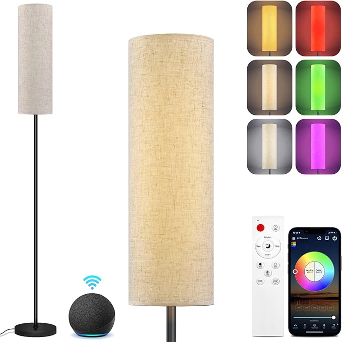 RGB Smart LED Floor Lamps for Living Room, Compatible with Alexa, Google Home, 69" Tall Modern Standing Lamp for Bedroom with Remote & WiFi APP Control, 2700k-6500k Corner Lamp with Linen Lampshade - LeafyLoom