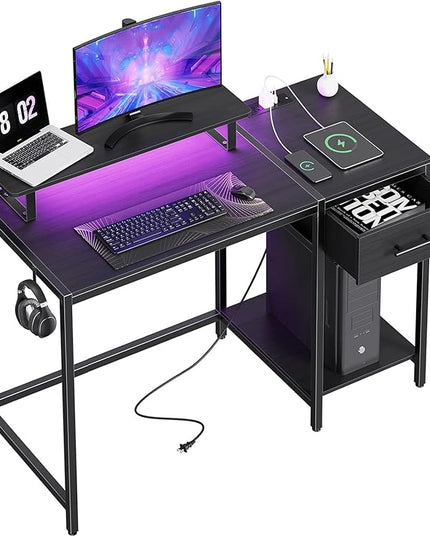 Gaming Desk with Led Light & Power Outlets, 48" Computer Desk with Wooden Drawers and Monitor Stand, Office Desk with Shelves and 2 Headphone Hooks, Work Desk for Home Office,Black - LeafyLoom