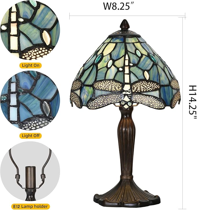 Tiffany Lamp Sea Blue Stained Glass Dragonfly Style Desk Reading Light for Small Space Bedside Bedroom Home Office - LeafyLoom