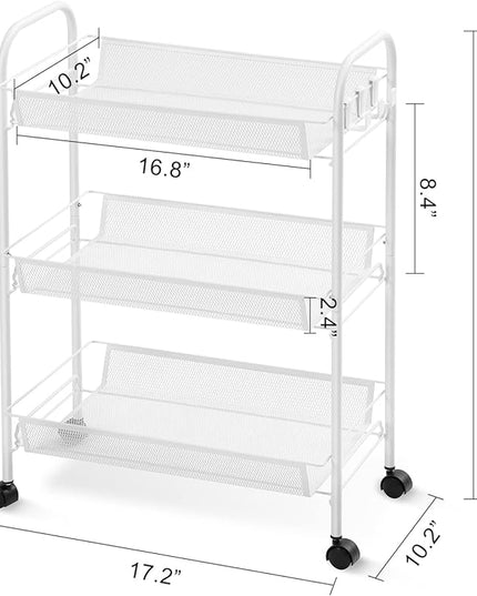TOOLF 3-Tier Metal Rolling Cart, Mesh Wire Easy Assemble Utility Cart, Storage Trolley on Wheels with 3 Hooks, MetalStorage Shelving Units for Kitchen Bathroom Laundry Room - LeafyLoom