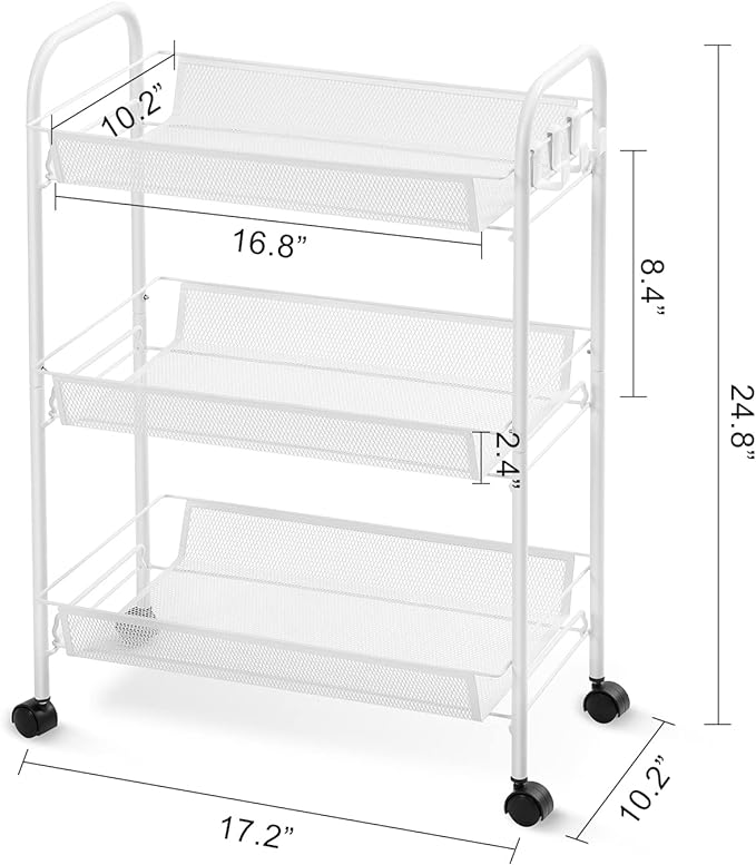 TOOLF 3-Tier Metal Rolling Cart, Mesh Wire Easy Assemble Utility Cart, Storage Trolley on Wheels with 3 Hooks, MetalStorage Shelving Units for Kitchen Bathroom Laundry Room - LeafyLoom