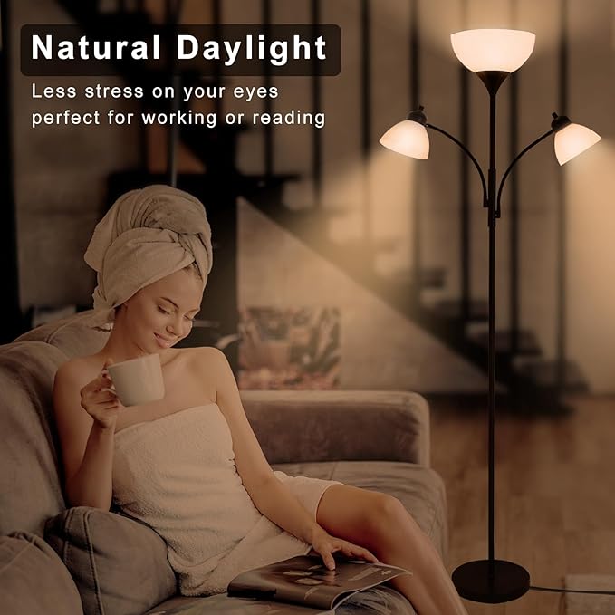 RIGLG Floor Lamps for Living Room,Standing Lamp with Stepless Dimming, 3 Lights Adjustable Reading Lights, Morden Tall Lamps for Living Room, Bedroom, Office - LeafyLoom
