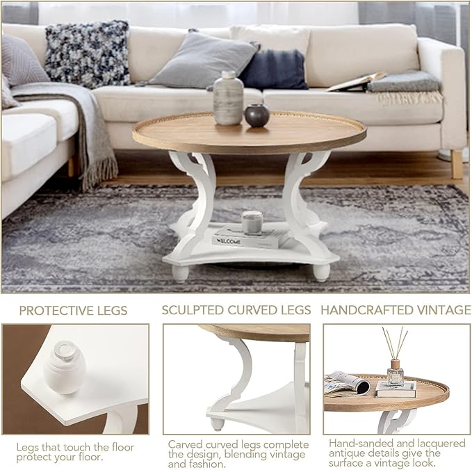 Wnutrees Farmhouse Round Coffee Table,Wood Tray Top Circle Coffee Table with Storage Shelf Rustic Style for Living Room and Vintage Finish,White - LeafyLoom