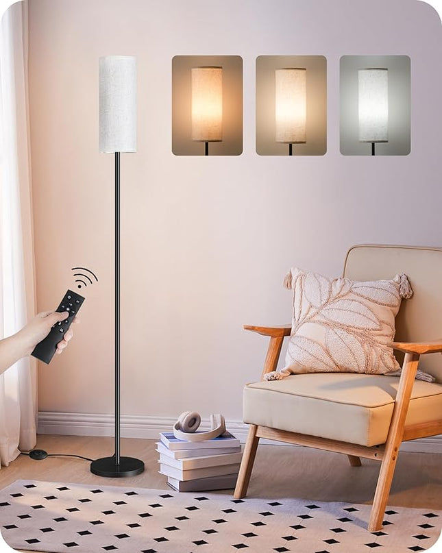 Dimmable Floor Lamp for Living Room, Corner Floor Lamp with Remote, 66'' Standing Tall Lamp, Linen Lampshade, 10W 800LM LED Bulb for Bedroom Study, FCC Listed Black and White W06LD05 - LeafyLoom