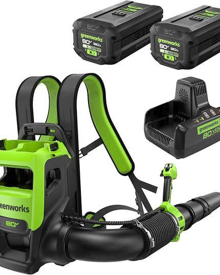 Greenworks 80V (800 CFM) Dual Port Backpack Blower with (2) 5.0 Ah Batteries, Dual Port Rapid Charger - LeafyLoom